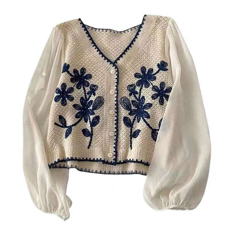 women Casual V-Neck Butt Down Cropped Cardigan Puff Lg Sleeve Elegant Embroidery Floral for JACKET Cover Up Blouse B8Af#