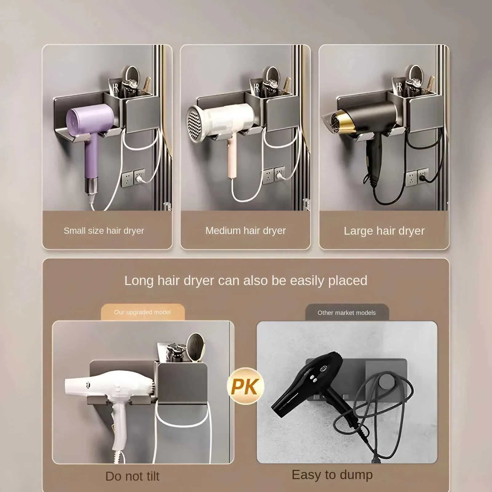 Wire Wrapped Hair Dryer Hanger Hair Dryer Storage Rack Without Punching Holes Bathroom Storage Organizer 240329