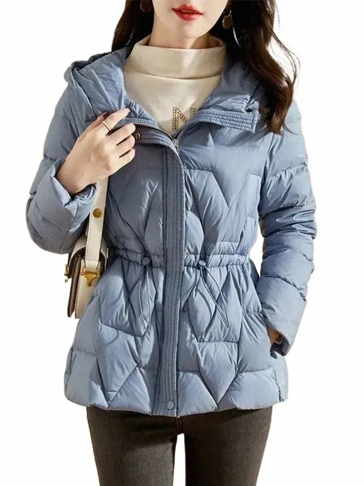 Taille élastique à capuche Slim Cott Veste coréenne courte fermeture éclair décontractée manteaux bleu lacets Casacos Para Baixo hiver chaud Abrigo b3gc #