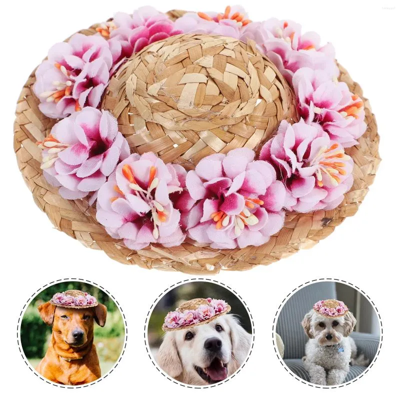 Odzież dla psa Flower Straw Hat Spring Summer Sunhat Śliczne tkane kostiumy akcesoria