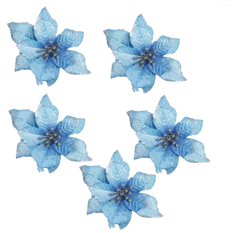 Fleurs décoratives de noël à paillettes, 20 pièces, ornement d'arbre, couronnes de mariage artificielles, ornements (bleu)