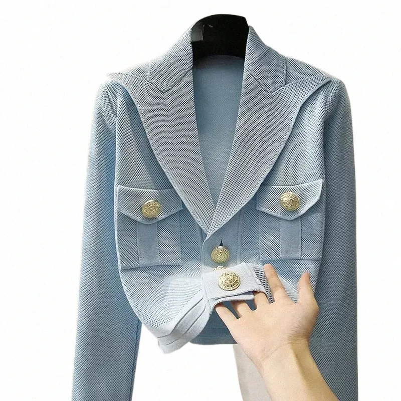 2023 autunno inverno di lusso di lavoro a maglia manica Lg casual con scollo a V cardigan donna stile francese luce blu signore elegante maglione b7zW #