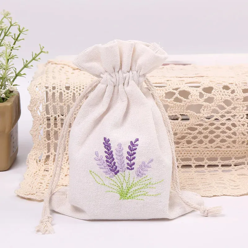 50pcslot Imitation Linen Canvas Lavender Drawstring Bags Gift Packaging Party Favor Candy Burlap Pouch 240328