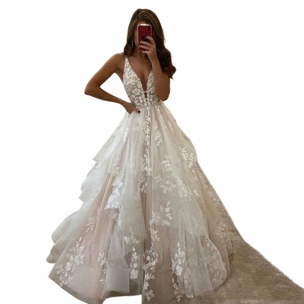 A linha V-Neck Boho Casamento Dr Puffy Tulle Princ Bridal Dres Plus Size Lace Apliques Backl Lg Vestidos de Festa de Casamento y1ym #