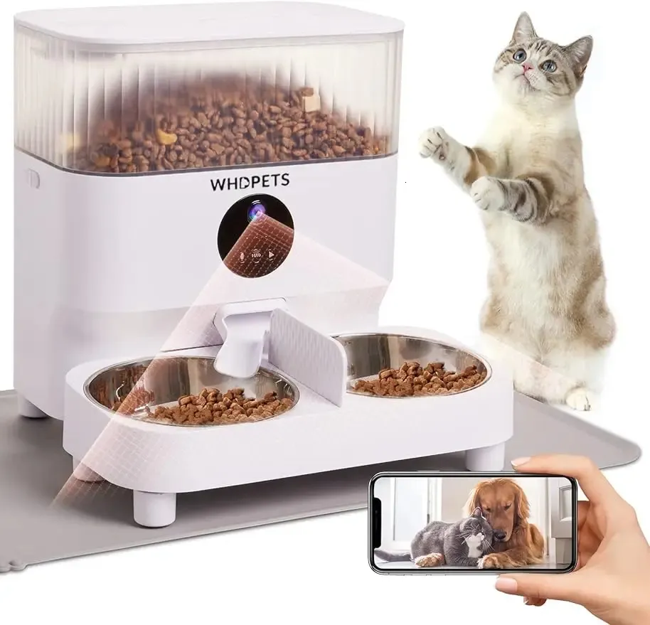 Distributore automatico di cibo per gatti WHDPETS WiFi con fotocamera 1080P per 2 cani e gatti 240328