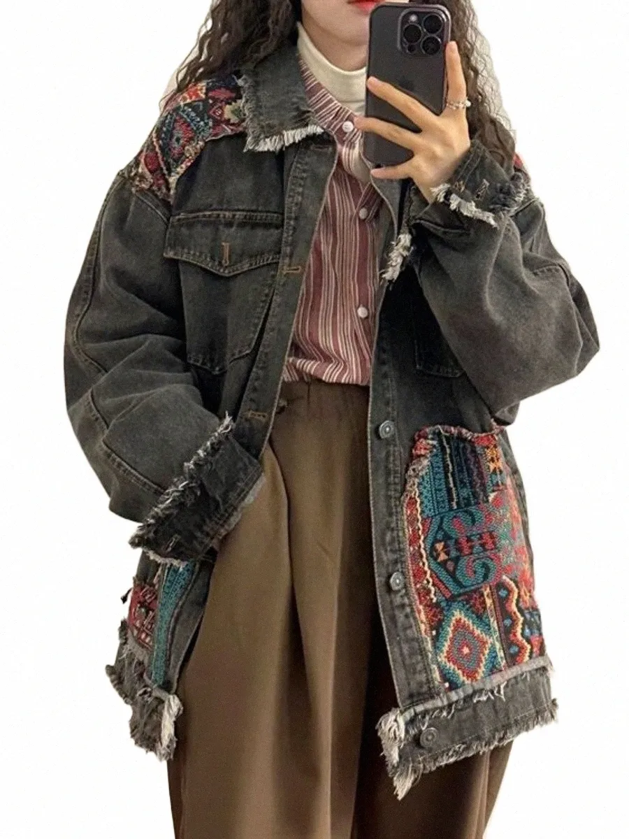 Vintage Boho Stickerei Denim Jacke Frühling Herbst 2024 Lg Ärmel Casual Lose Trend Folk-benutzerdefinierte Nähte Raw Edge Jeans Mantel K1JL #