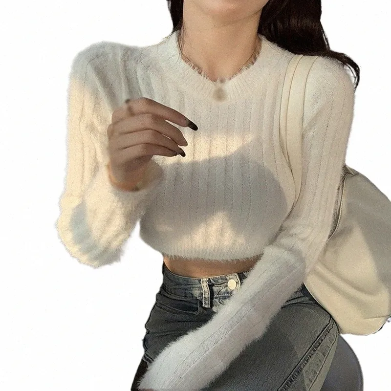 women's Crop Top Sweater O-Neck Top Slim Fit Knitted Sweater Fluffy Sweater Crop Top Fuzzy Pullover R25A#