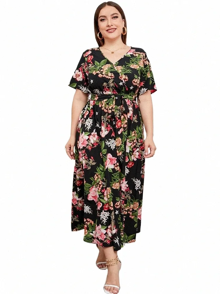 2021 fi woman summer dr plus plus size vemale v neke velcive floral print boho beach dr belted maxi lg dres 52hh＃