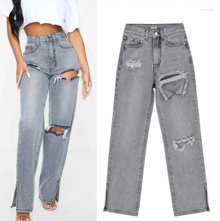 Kvinnors jeans amerikanska retro blossade kvinnor hög midja sandgrå rak ben denim tiggare golvmoppbyxor med hål