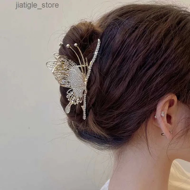 ヘアクリップ新しいファッションヘアクローグレースバタフライヘアクリップ女性ラインストーンラグジュアリーエクシットヘアピンシャーククリップヘアアクセサリーHEAWEAR Y240329