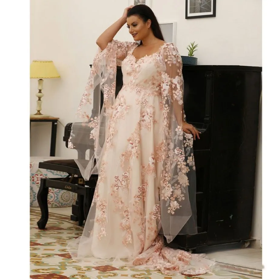 Fabuleux dentelle grande taille robes de bal encolure dégagée manches longues robes de soirée balayage Train une ligne robe formelle 255c