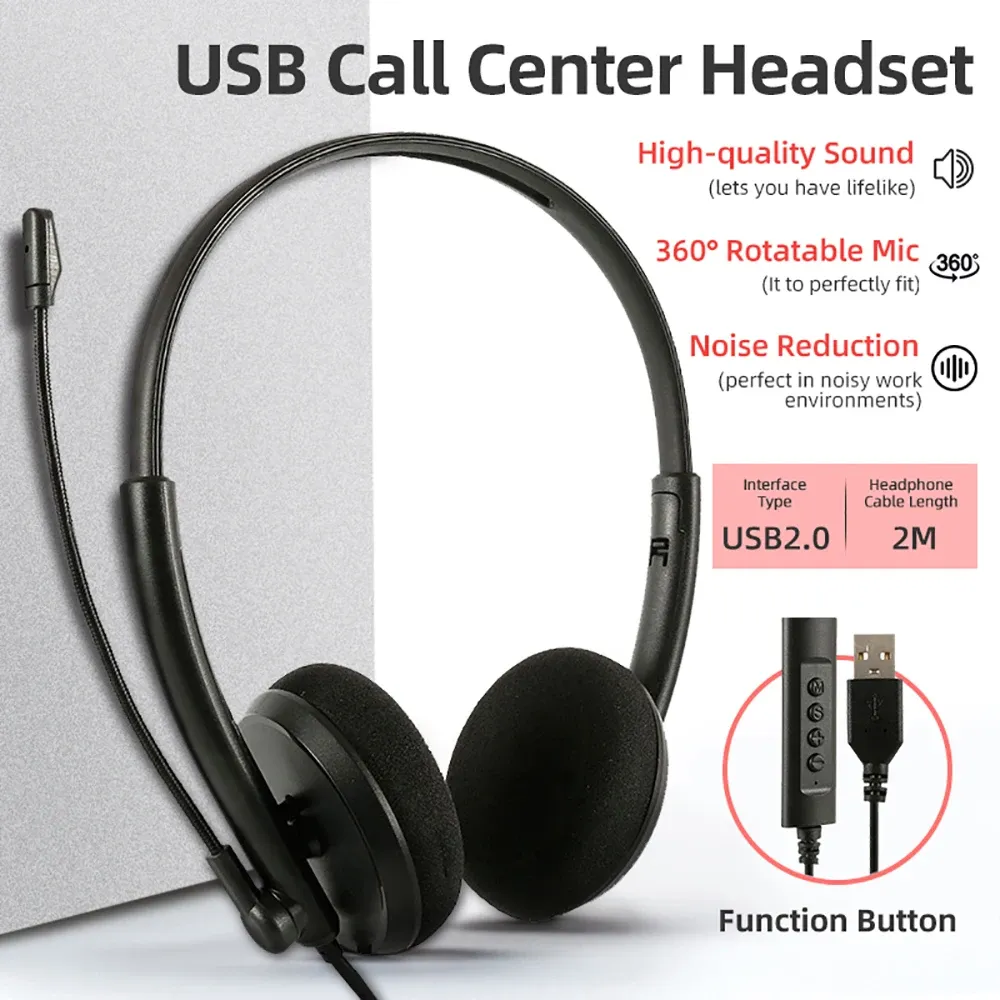 Hoofdtelefoon Bekabelde USB-callcenterheadset met ruisonderdrukking 360° draaibare microfoon Handsfree hoofdtelefoon voor zakelijk woon-werkverkeer voor pc Thuiskantoor