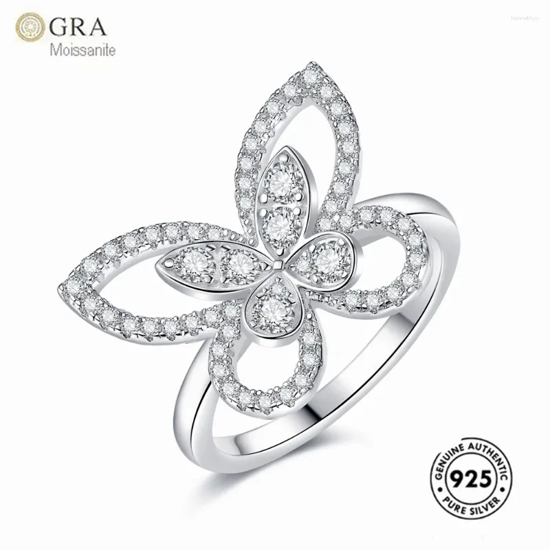 Pierścienie klastra Butterfly Solid Silver 925 Modna Biżuteria Autentyczna mossanitowa pierścionek z diamentem dla kobiet