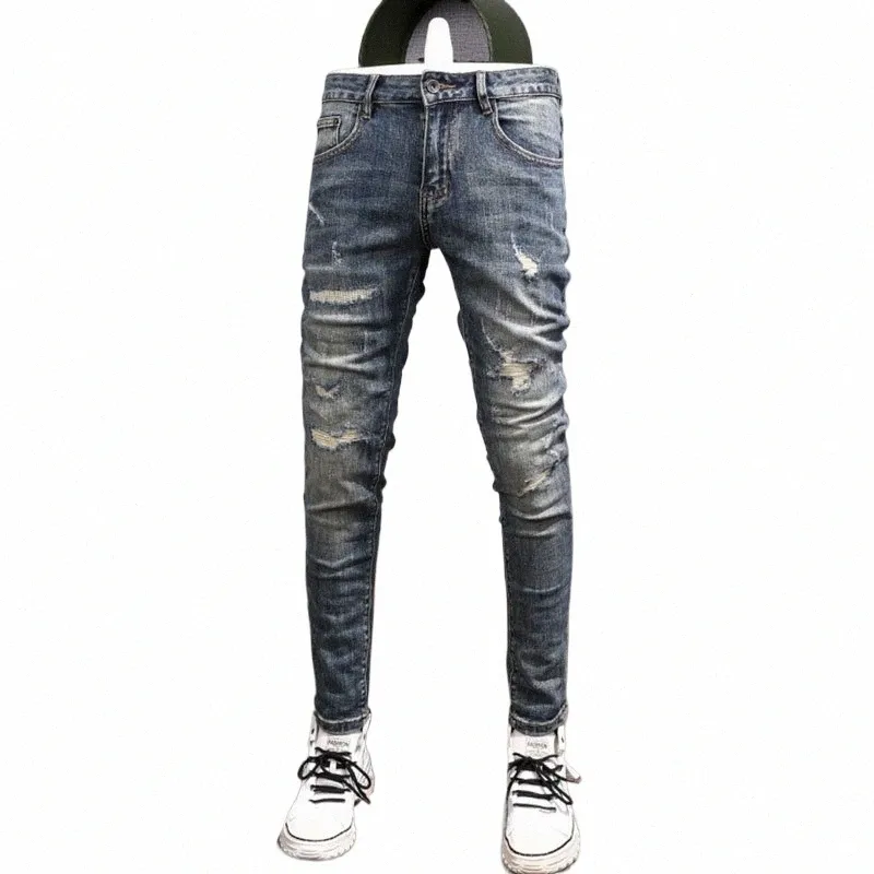 Streetwear Fi Hommes Jeans Rétro Bleu Stretch Élastique Slim Fit Ripped Jeans Hommes Vintage Designer Denim Crayon Pantalon Hombre x3Pr #