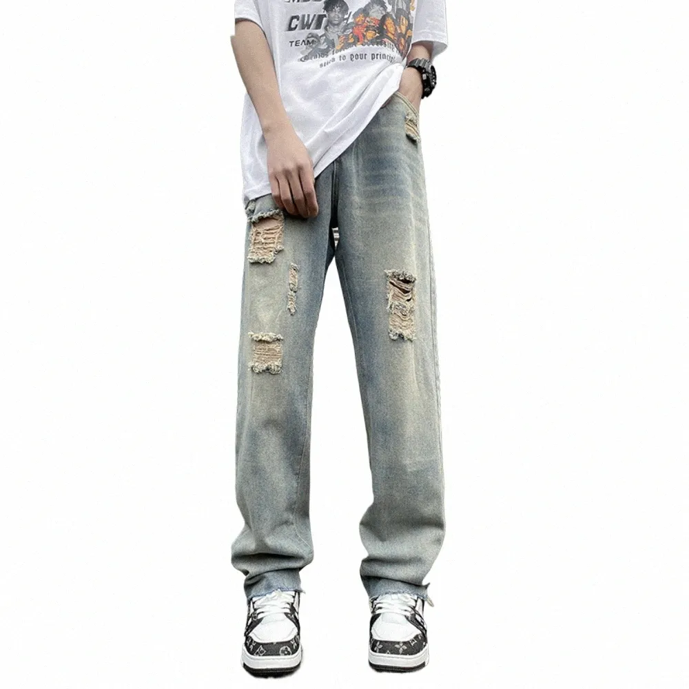 Gebroken Gat High Street Distred Jeans Mannen Nieuwe Trend Koreaanse Stijl Rechte Buis Versleten Denim Broek Hip Hop Gescheurde jeans R9Wj #