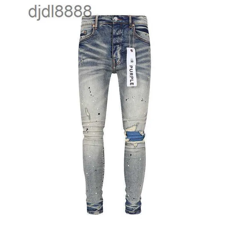 Herren-Designerhosen, Purple Brand Jeans, Hellgrau, Kniebesatz, gesprenkelte Tinte, Herren-Shop