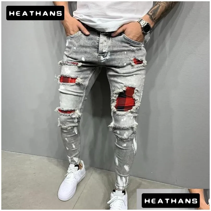 Jeans pour hommes Hommes Slim-Fit Ripped Mâle Peint Mode Patch Mendiant Pantalon Jumbo Crayon Hip Hop Drop Livraison Vêtements Vêtements Dhpji