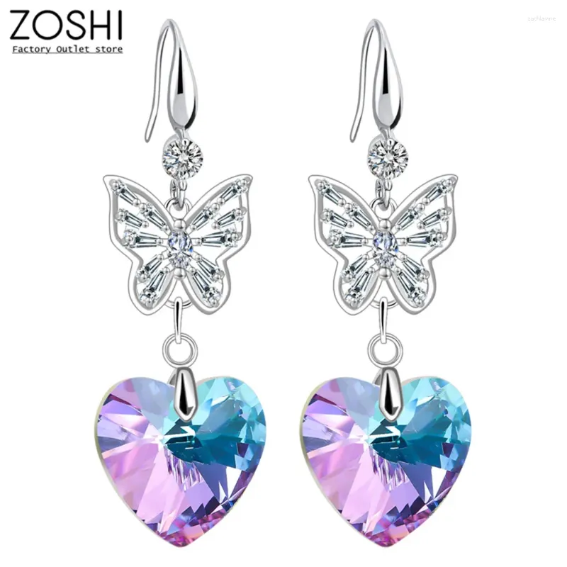 Brincos pendurados roxo azul cor gradiente coração cristal para mulheres fecho de gancho francês placa de prata borboleta joias de festa