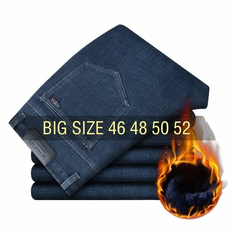 inverno Jeans Uomo Fleece Denim Pantaloni Casual Pantaloni dritti Cott Plus Size 46 48 50 52 Oversize Addensare Autunno caldo sciolto D76U #