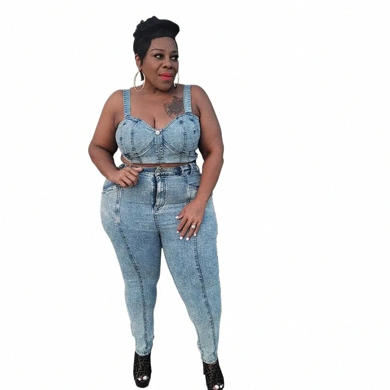 Cm.yaya Femmes Plus Taille Ensemble Denim Solid Sleevel Simple Boutonnage Crop Tops Zip Pantalon Deux 2 Pièces Ensembles Fi Outfit Été 02zF #