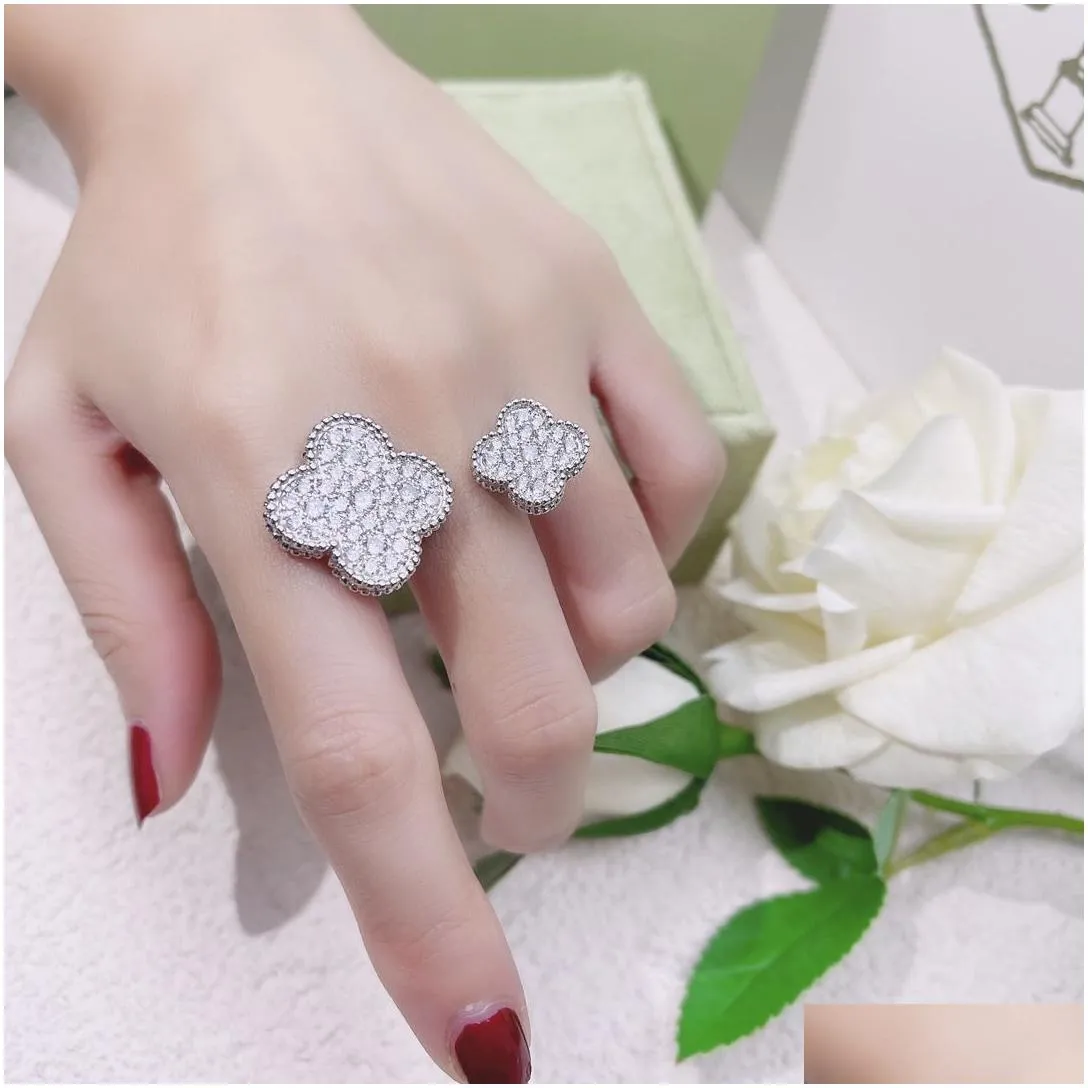 Vintage Cluster Rings Van Clee Brand Designer Copper Double Ceramic Four Leaf Clover Flower Charm Open Ring For Women Jewelry With Box Party