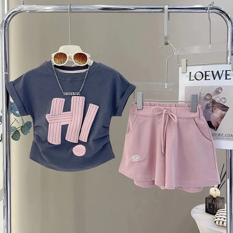 Adolescentes Conjunto de ropa de verano para niñas Carta de manga corta Hola Camiseta cómoda Pantalones 2 piezas Traje para niña Traje informal para niños 240323