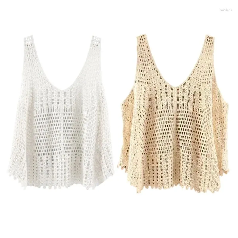 Kvinnors tankar Kvinnor Summer Sling för Tank Top virkning stickad Vest Waistcoat Hollow Camisole V