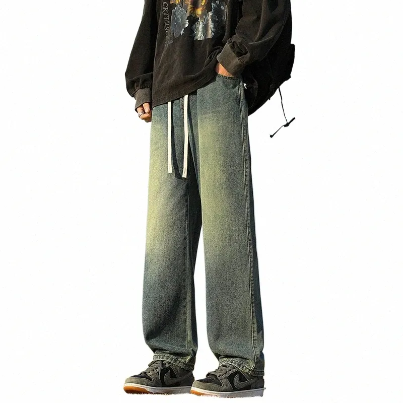 2024 New High Street American Style Baggy Jeans Versátiles Pantalones de pierna ancha Retro Denim Spring Color sólido W N0xS #
