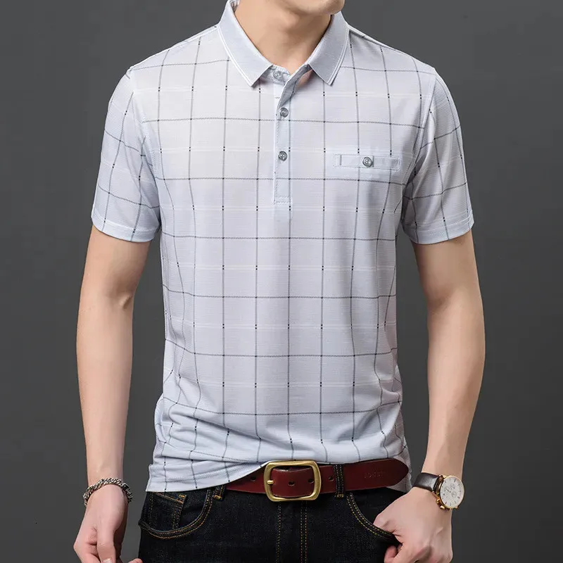 Ymwmhu kratą koszulę polo mężczyzn Mężczyznę Krótkie rękaw białe cienkie lato na pasiaste ubrania streetwear męski Plus Size 240328