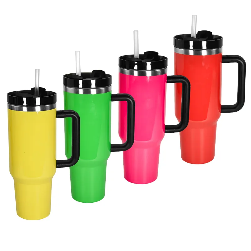 40oz sublimation Neon tumbler with handle lid straw big capacity glossy water bottle outdoor camping cup stainless steel vacuum insulated travel mugs