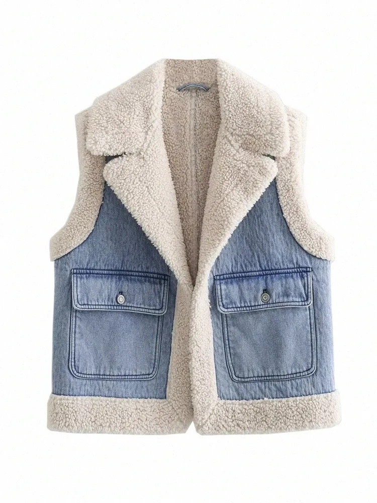 Zevity New Women Fi avvisar krage lamm lapptäcke denim Vest Jacket kvinnliga ärmfickor i maistcoat toppar ct5477 w9wq#