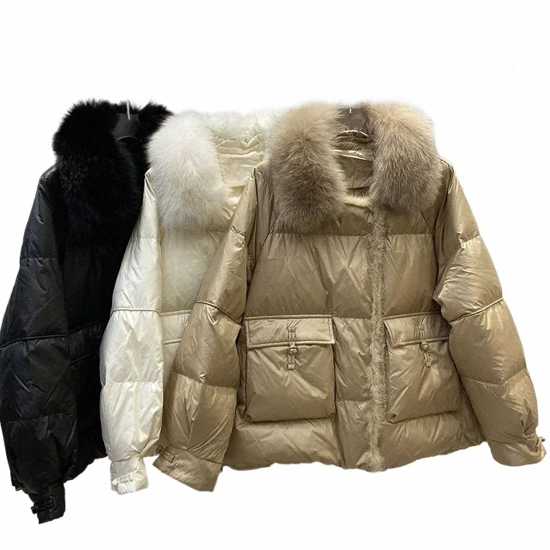 2023 Fi Automne Hiver Véritable Manteau De Fourrure De Vison Femmes Naturel Blanc Canard Plume Doudoune De Luxe Vêtements D'extérieur Lâche Streetwear A7PJ #