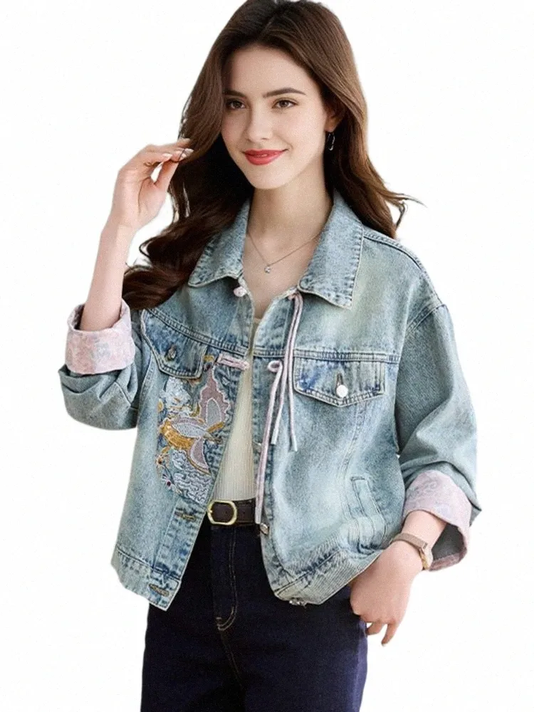 Nouveau 2024 Printemps Femmes Denim Veste et manteau style chinois Lg manches broderie chinois fesses élégantes vêtements d'extérieur femme vestes T4Sa #