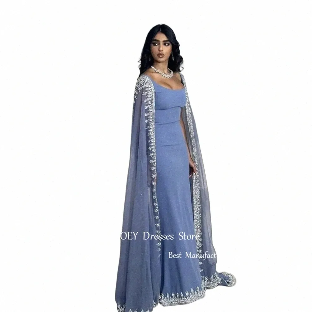 oloey Dusty Blue Dubai Arabic Women Evening Dres Crystal Beads Jacket Lg Cape Sleeves Elegant Prom Formal Ocn Gowns l7C9#