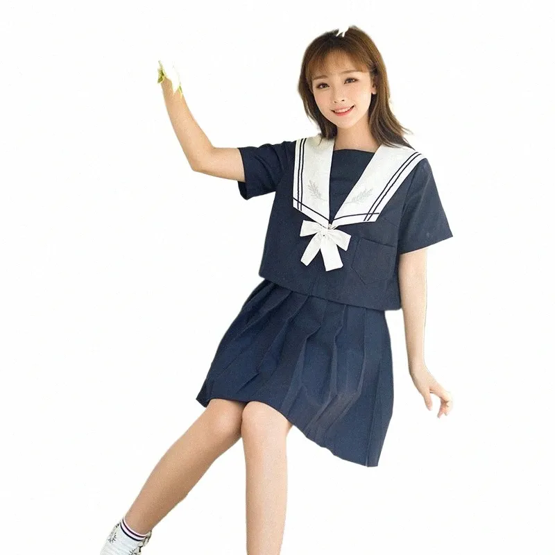 Korta ärmar Skoluniform Girl Sailor Dr Navy Blue Pleated kjol unifores JAPAIS Koreanska kostymer för tjej full uppsättningar 73tg#