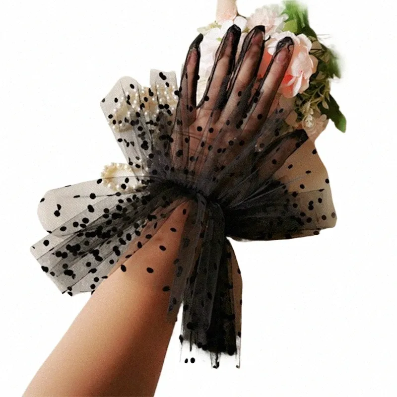 short Sheer Tulle Gloves Wedding Bride Dr Gloves Fi White Black Dot Transparent Mitten Wrist Length Bridal Gloves Women 03ra#