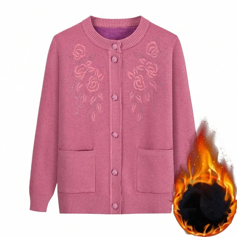 Autumn Winter Mormor plus veet tröja kappa varm medelålders mamma stickade tröjor broderad cardigan topp för kvinnor d2yf#