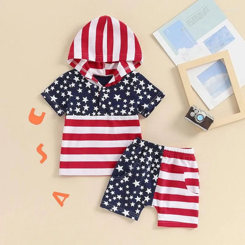 Giyim Setleri Citgeesummer Bağımsızlık Günü Çocuk Erkek Bebek Kıyafetleri Kısa Kollu Yıldızlar ve Çizgiler Baskı Hoodie Şort Set Giysileri