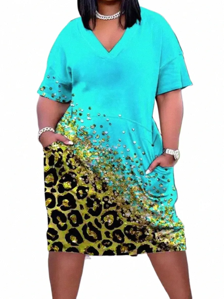 lw Plus Size Imitati Denim dr T-shirt da donna dr V Neck Pocket Design Dr estate allentato per abiti da donna Q153 #