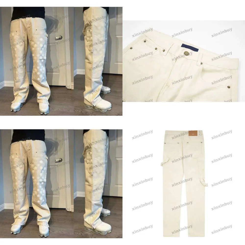 Xinxinbuy erkek kadın tasarımcı pantolon denim em jakard kumaş bahar yaz pamuklu gündelik pantolon mektup khaki gri kayısı siyah m-2xl2024