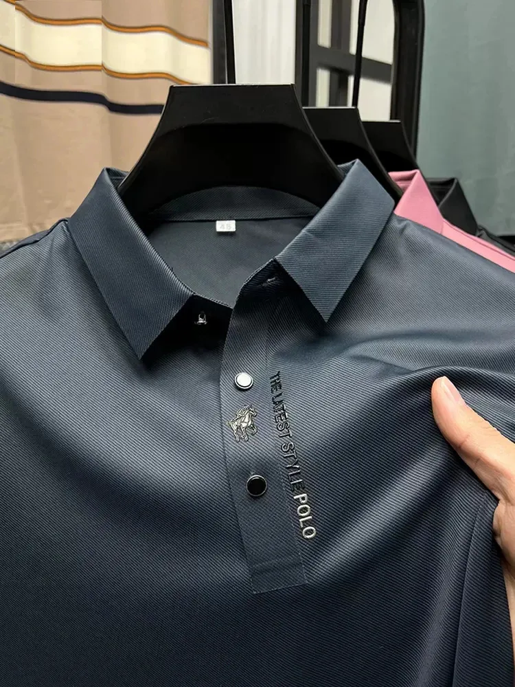 Highend Summer Business High Quality Short Sleeve Polo Shirt Men Fashion Casual Ice Silk No Trace Printing Lapel 240329