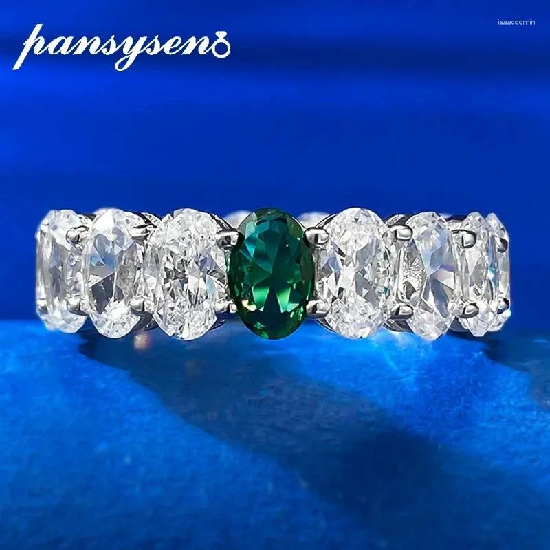 Cluster Rings Pansysen 925 Sterling Silver Oval Cut Emerald Lab Diamond Gemstone Ring Wedding Bands for Women 18K White Gold Plated SMYELLY