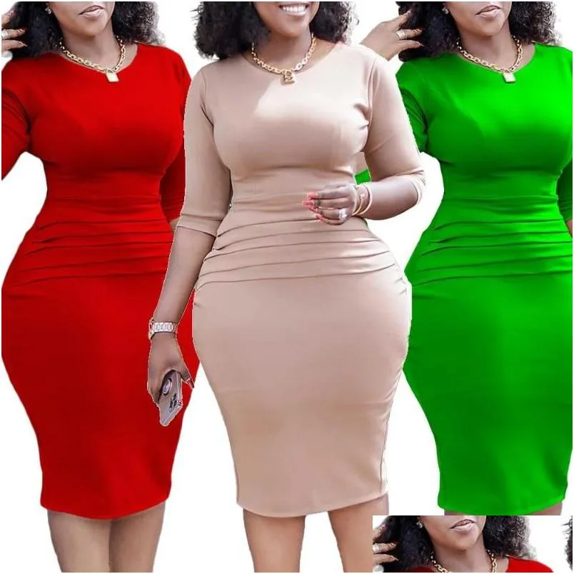 Basic & Casual Dresses Classic Women Wear Elegant Church Plain 3/4 Sleeve O Neck Ruched Waist Office Ladies Work Knee Length Pencil D Dhbjj