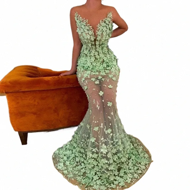 Mint Green Mermaid Evenres Dres 3D Frs Frez z koralikami Prom Dr Sexy Dubai Saudi Arabic LG Evening Suknie x3l6#