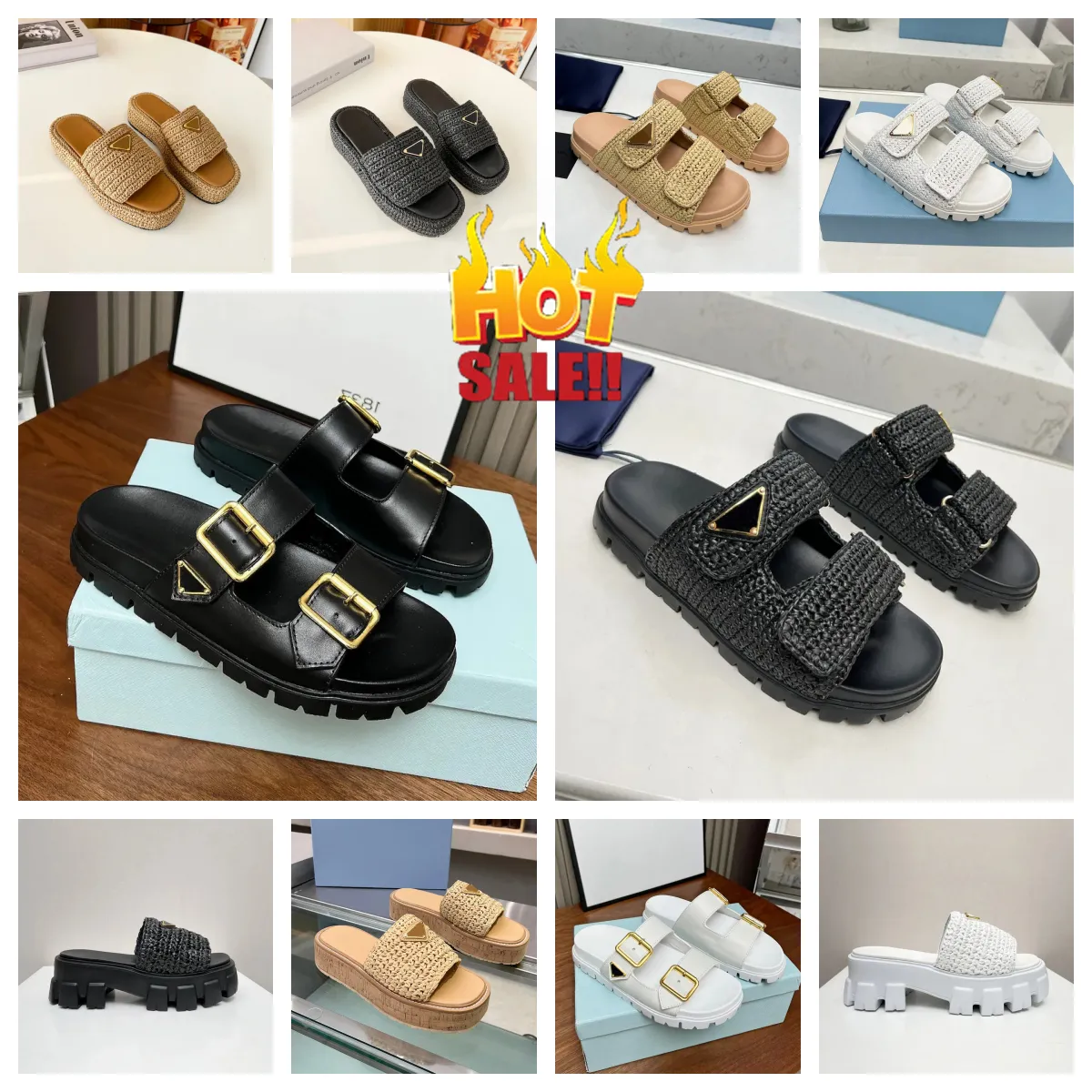 2024 New Designer Sandal Woman Crochet Slides Black Platform Wedges Straw Flatform Slipper Summer Flat Comfort Mule Beach Pool Two Straps