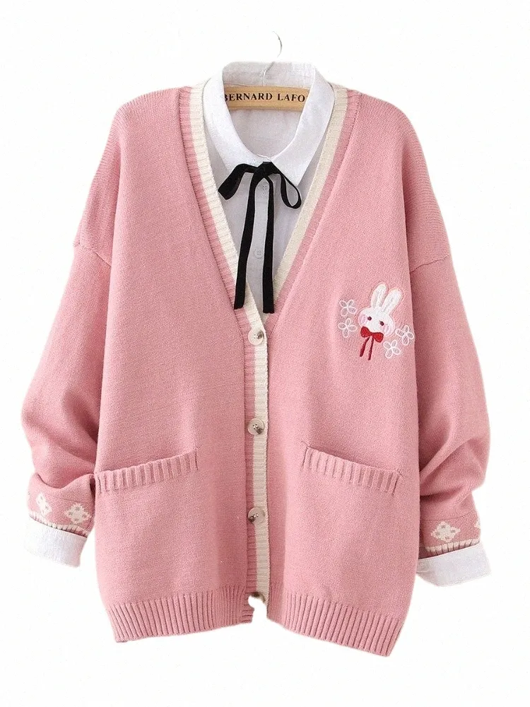 autunno coreano Mori ragazza dolce maglione Lolita simpatico coniglietto ricamo lavorato a maglia Top giapponese donna manica Lg cardigan cappotto maglieria E3vg #