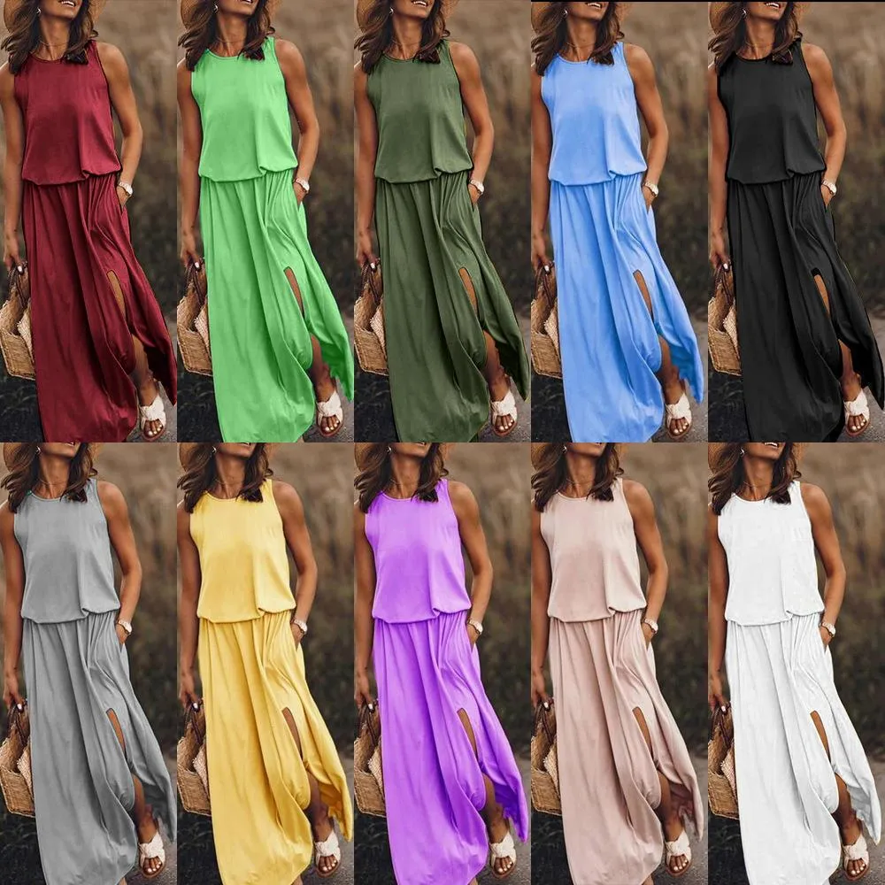 Summer Womens Fashion Retro Round Neck Sleeveless Split Solid Color Two Piece Dress