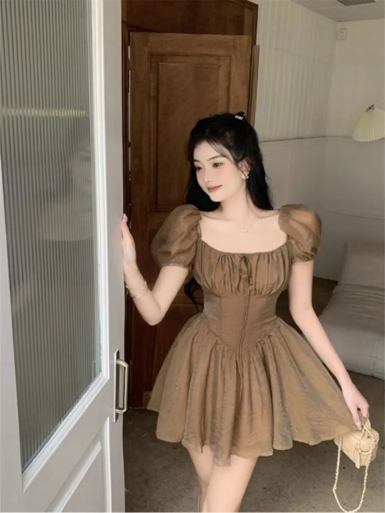 brown puff dress Light Brown Embroidered Puff Sleeve Midi Dress Small main image 0