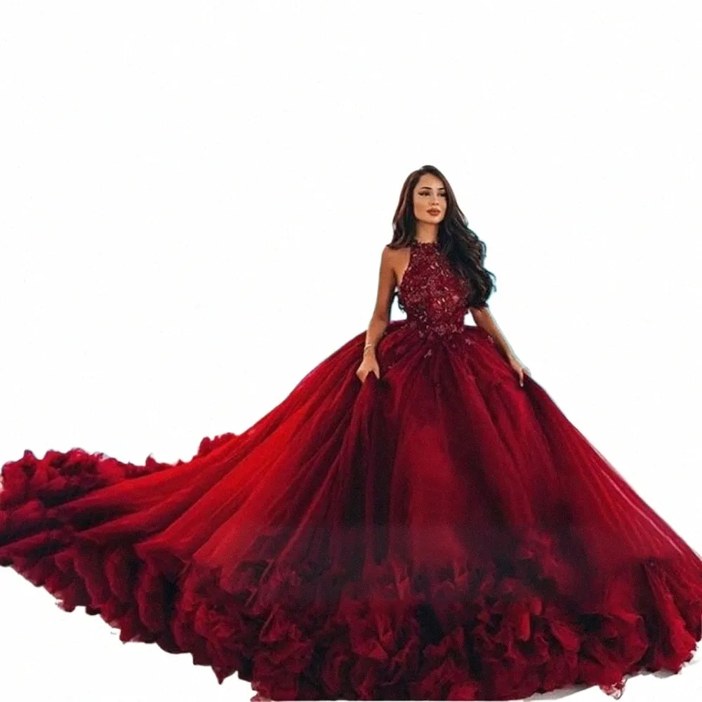 kadisua Gorgeous Red Wedding Dr Ball Gown Puff Sleevel Halter Appliques Elegant Women Formal Ocn Vestidos de Novia R5Mf#