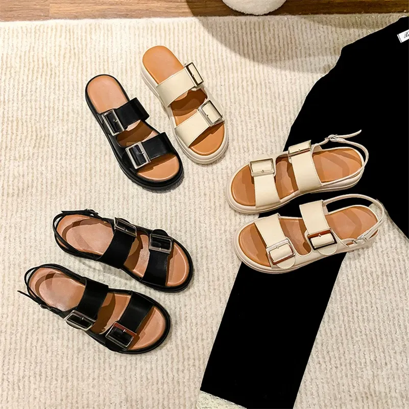 Buty meotina oryginalne skórzane sandały okrągłe palce płaska platforma kapcie Letnie slajdy modne buty plażowe Beige 40